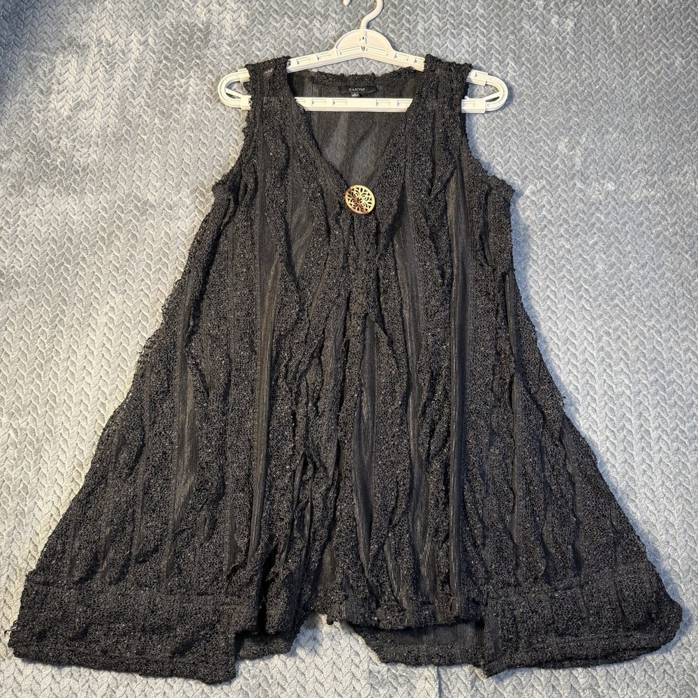 Kaktus Women's Vest Small Textured Sheer‎ Open Front Black Snap Button Lagenlook